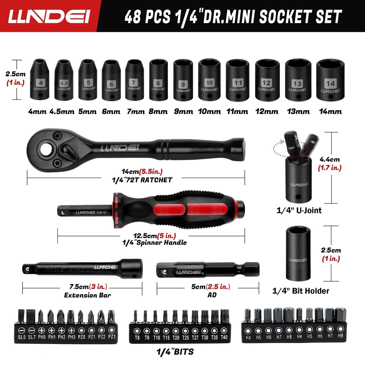 LLNDEI 48 Piece 1/4 Inch Mini Socket Ratchet Wrench Set, Metric
