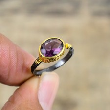 Purple Amethyst Black And Gold Plated 925 Sterling Silver Ring S.Adjustable R137