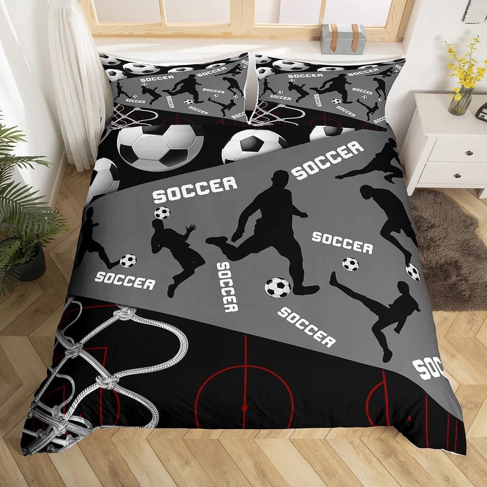 Capa de edredom de futebol para meninos adolescentes, conjunto de cama cinza e preto tamanho completo, futebol... - Imagem 3 de 4