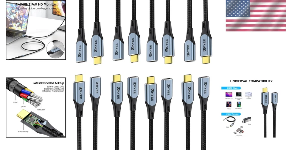 10-Pack USB C Extension Cable 3.3Ft - 100W Fast Charging & 10Gbps Data Transfer - Image 2 of 4