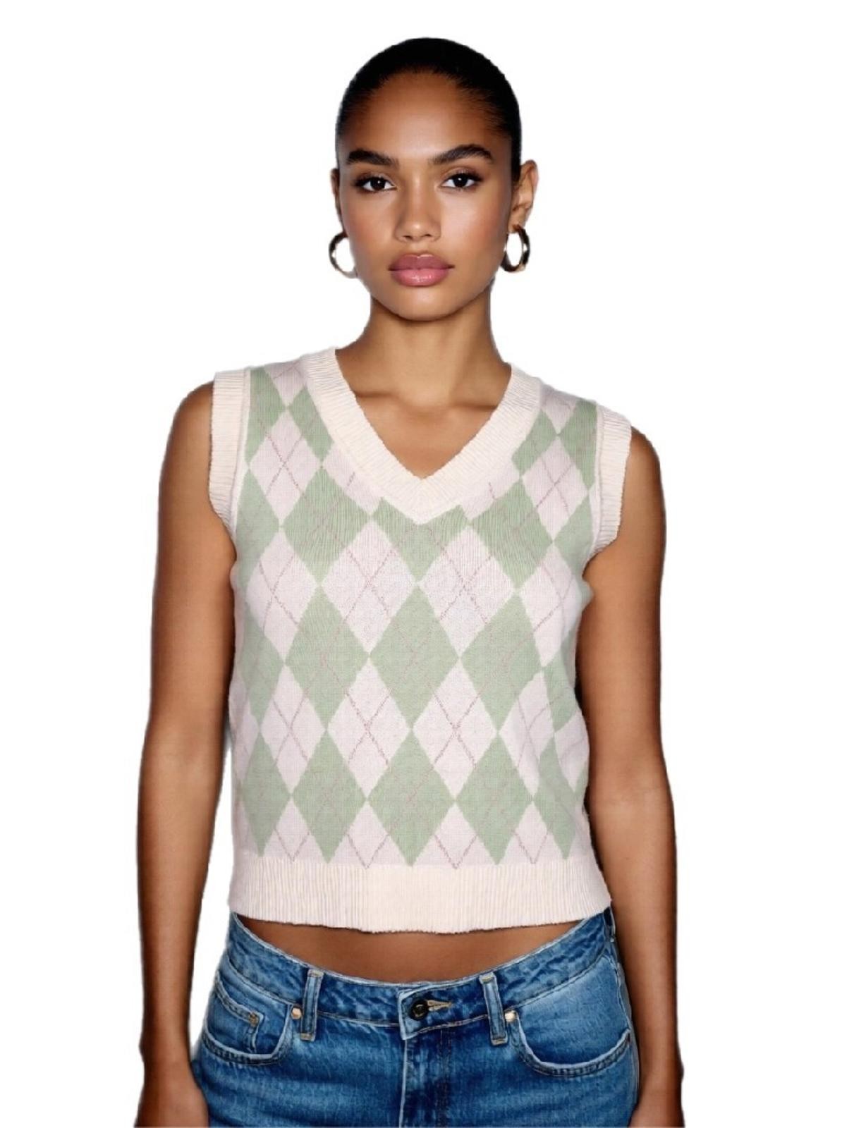 Vest Sweater Womens S M V neck Argyle Preppy Cozy Princess Polly Green Beige-image