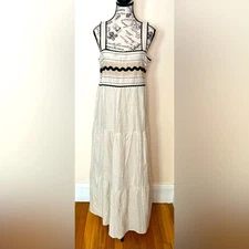Only Felucia Woven Maxi Dress 100% Organic Cotton Medium Ivory Black EUC