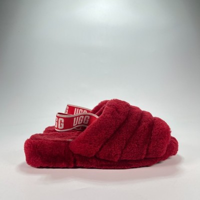 UGG Fluff Yeah Slide Red Faux Shearling Elastic Backstrap Slippers Women's Sz 10