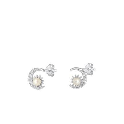 Sterling Silver Beautiful Moon & Sun Clear CZ Freshwater Pearl Earrings .925 New