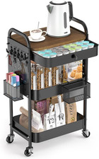 3-Tier Rolling Utility Cart with Drawer  Wood Top - Pegboard Organizer Black 