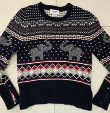 Thom Browne Men's Tight-Knit Wool Alpaca Mohair Elephant Sweater Navy Red 4