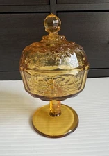 Vtg MCM Amber Glass Pedestal Candy Dish/Jar  W/Lid Grape Pattern Paneled 6.5”
