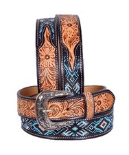 Affilare Western Leather Beaded Belt Hand Tooled Cowboy Cowgirl Belt For Men and