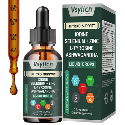 VSYLICN Thyroid Drops: Iodine,Selenium,Zinc+L-Tyrosine,Ashwagandha for Energy Metabolism
