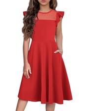 Girls Dresses Summer Formal Party Wedding Ruffle Sleeve Mesh 14-15 Years Red