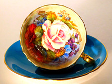Vtg. Aynsley JA Bailey Pink Cabbage Rose Turq...