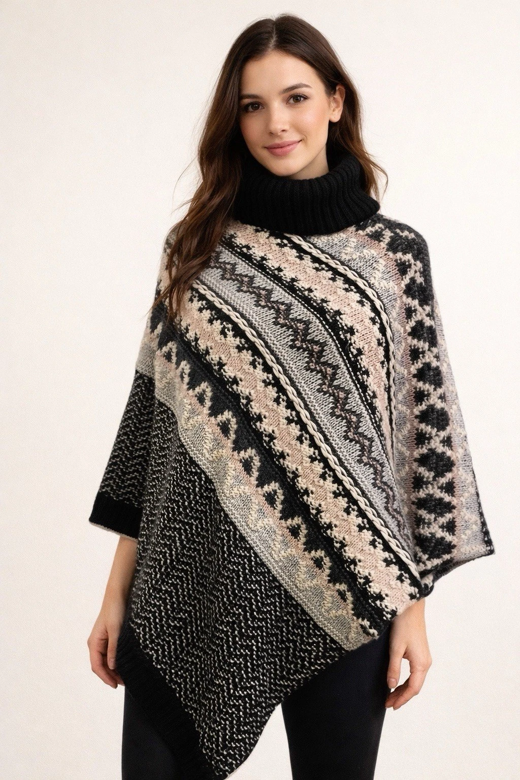 Cocogio Italian Made Alpaca Wool Cowl Neck Poncho Sweater One Size Black/Pink
