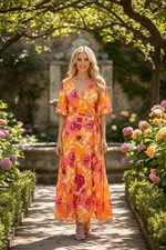 Y.A.S orange pink floral Yaszoe fine crepe short sleeve wrap midi dress 18 NEW
