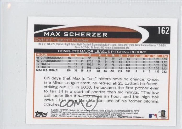 2012 Topps Mini Max Scherzer #162 - Image 2 of 2