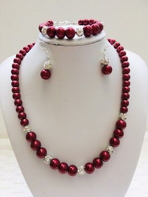 Brautjungfer Rot Glasperlen Halskette Armband Ohrringe Set Messing & Strass