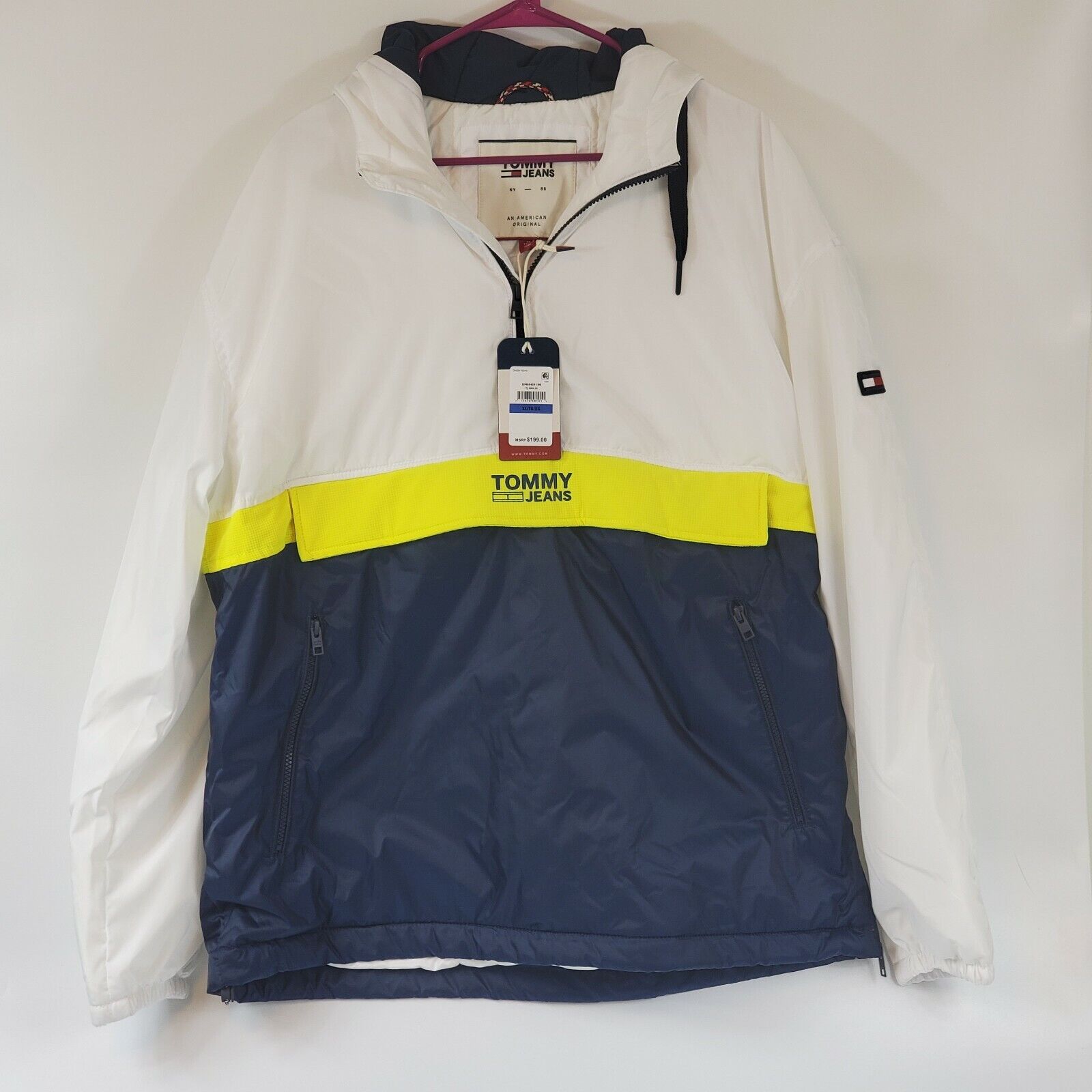 Tommy Jeans Mens Size XL Colorblock Padded Popover Jacket White Neon Yellow  Blue
