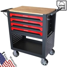 4 Drawers Rolling Tool Box Cart Tool Storage Cabinet Steel Tool Chest Wooden Top