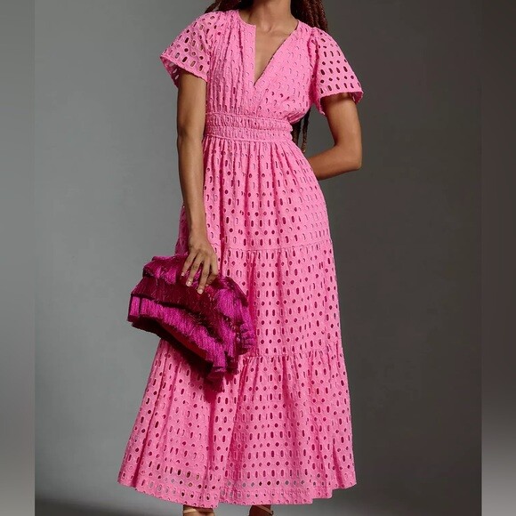 ANTHROPOLOGIE SOMERSET EYELET EDITION PLEATED TIERED MAXI