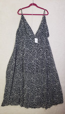 Forever 21 + Women Dress 2X Black Abstract 100%Polyester Plunge V Neck Cami Maxi