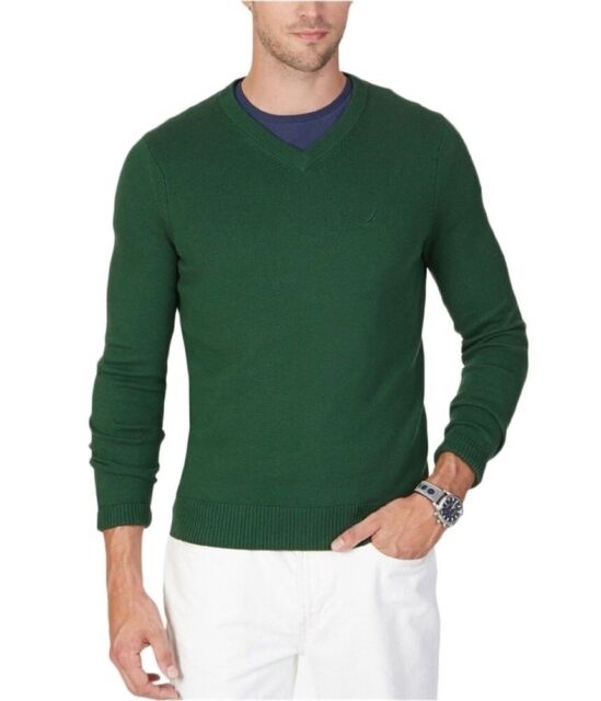 Nautica Mens L Knit Pullover Sweater Green V Neck Pima Cotton Blend ...