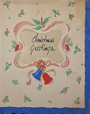Christmas Card Vintage Holly Bells Embossed Die-Cut Satin Insert Holiday Greet