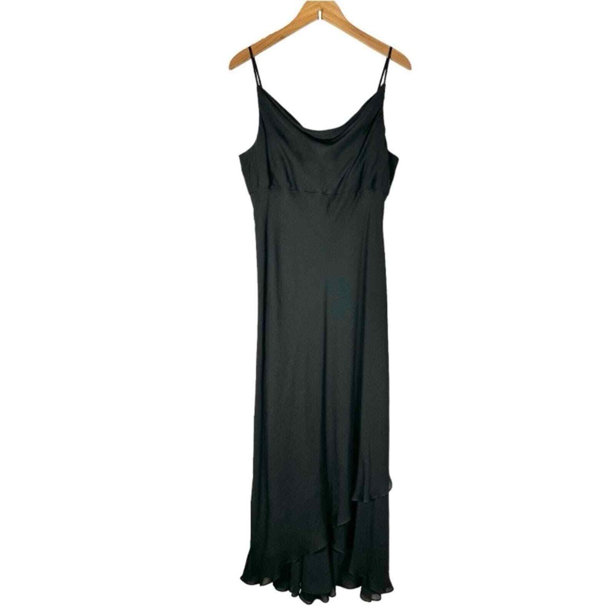 Vintage Y2K Silk Midi Slip Dress Size 12 Bias Cut Ruffle Hem Black