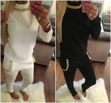 New Ladies Quilted Tracksuit Lounge wear diamante details jogging bottom 08-26