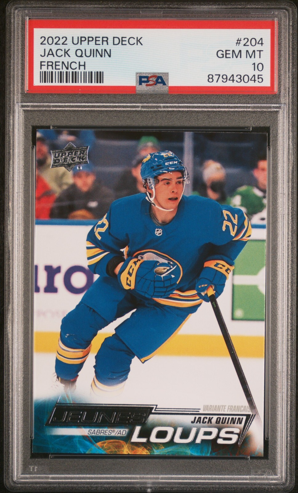 2022 Upper Deck Young Guns French JACK QUINN RC #204 PSA 10 Gem Mint Sabres