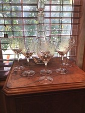 6 Crystal Romanian Etched Decanter And 6 6 Oz Matching Wine Glasses