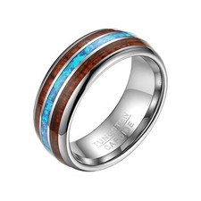 Mens 8mm Blue Opal Inlay Tungsten Wedding Ring with Hawaii Koa Wood Domed Band