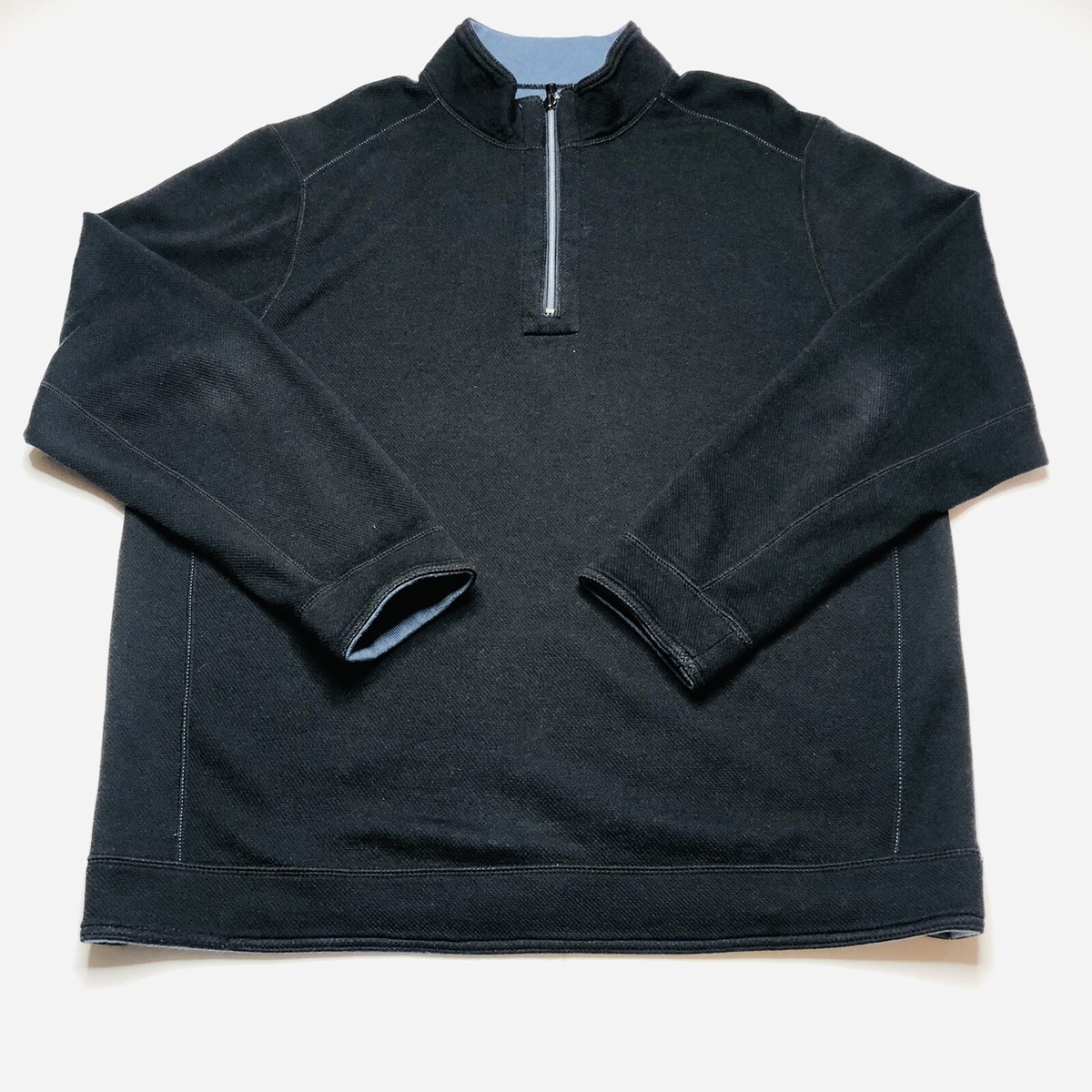 Tommy Bahama Mens Black 1/4 Zip Pullover Sweater Long Sleeve Blue Inside  Zipper
