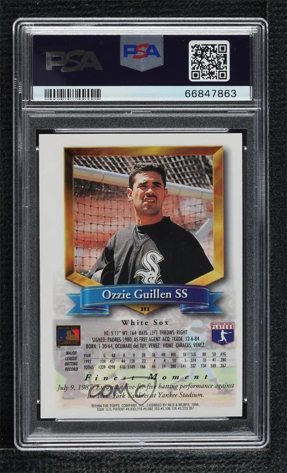 1994 Topps Finest Refractor Ozzie Guillen #393 PSA 9 MINT - Image 2 of 2