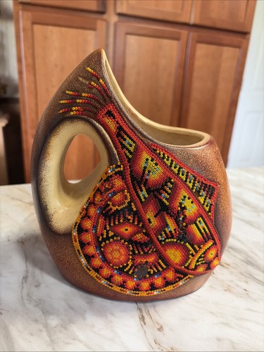 Hand beaded Huichol Fish Large Pottery Vase Vintage Mexican Native Folk Art Rare