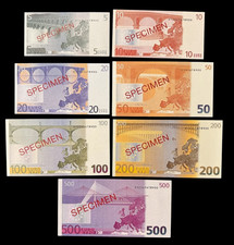 2001 EURO SPECIMEN "5,10,20,50,100,200,500" BANKNOTE MINT CONDITION LOT OF 5 #19