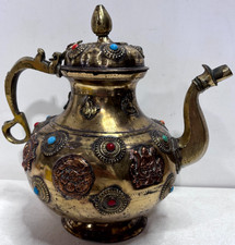 Antique Tibetan Style Brass Teapot Gemstone Turquoise Coral Inlay Ornate 11in