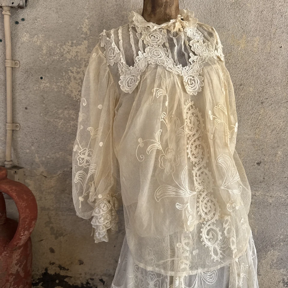 Antique Edwardian White Net Embroidered Dress  Wedding Tea Lawn Gown Vintage - Image 3 of 4