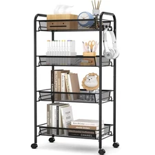 4-Tier Rolling Cart Metal Utility with 3 Hooks Easy Assemble Mobile Storage