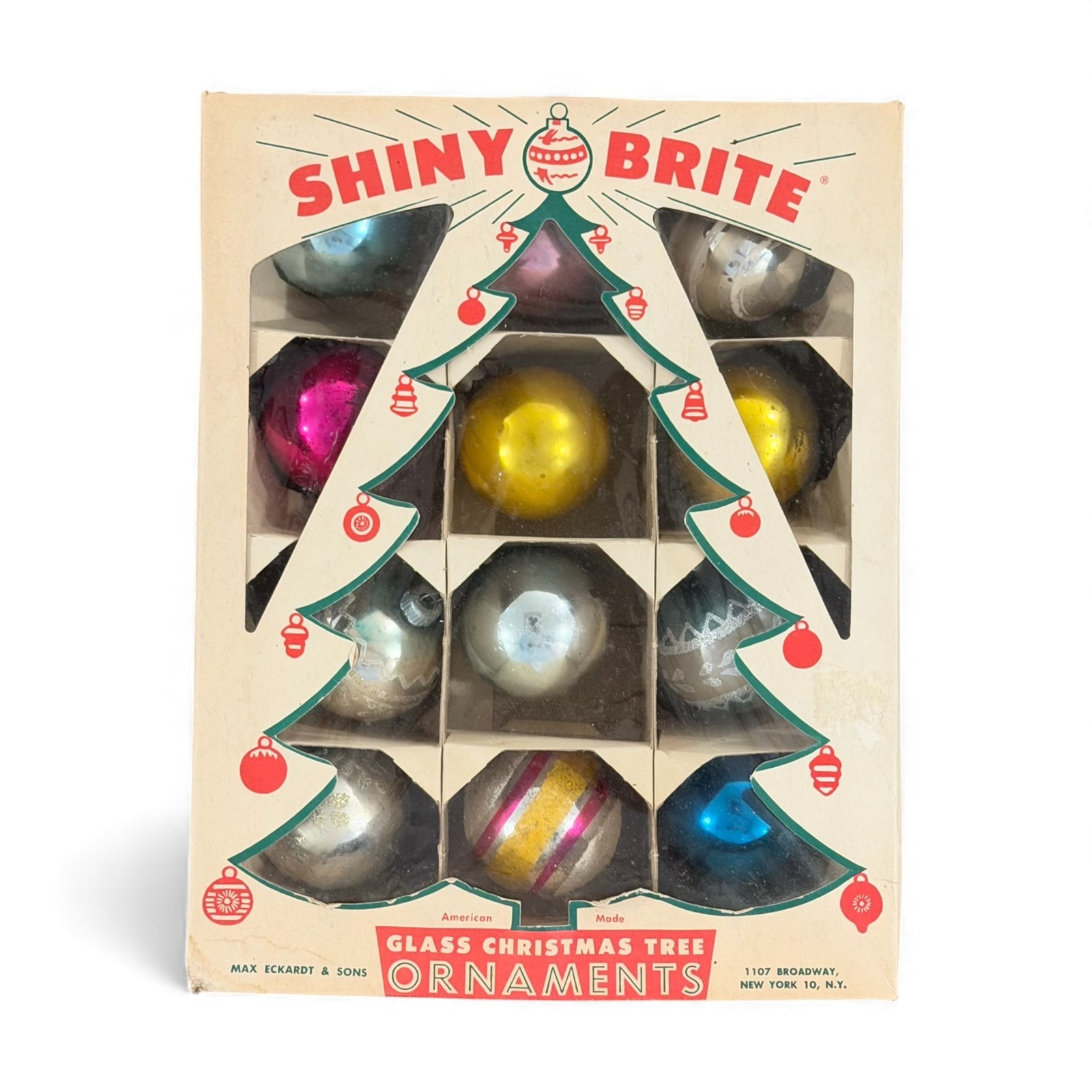 Shiny Brite Glass Christmas Ornaments 2.25" Mixed Colors 12pc w/Tree Box Vintage