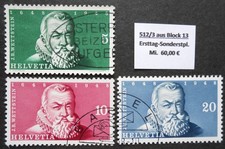 Blockmarken IMABA BASEL 1948 Mi. 512/3 aus Block 13 + Mi. 496. Sonderstempel.