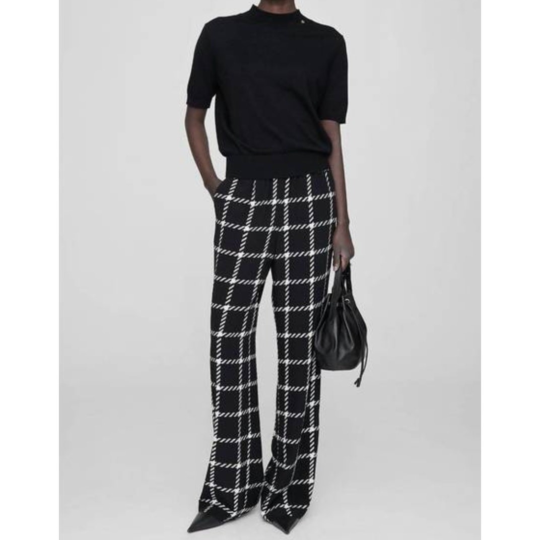 Anine Bing Owen Wide-Leg Pants Medium Black White Print Capsule Designer Pull On