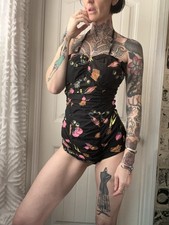 Vtg 50/60s Cotton Novelty Print Vegtable Shirred Back Swimsuit Halter Pin Up S