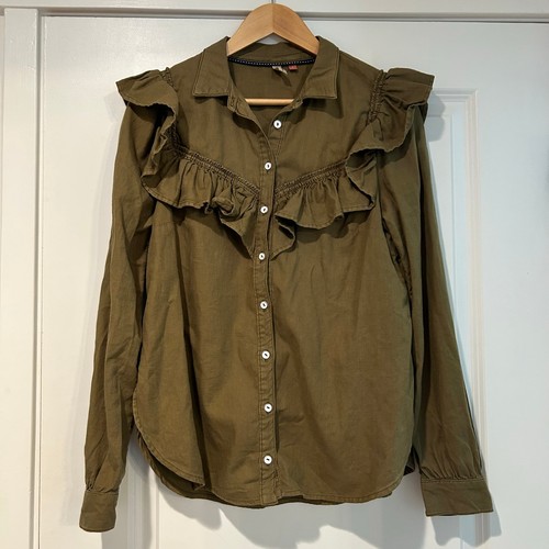 Anthropologie Pilcro Ruffle Long Sleeve Shirt Women’s Medium Green Western Chic - Picture 4 of 8