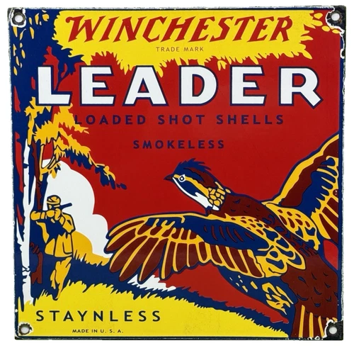 VINTAGE WINCHESTER PORCELAIN SIGN, AMMO, 12 GAUGE SHELLS, BIRD HUNTING, SHOT GUN