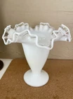 Vintage Fenton Silver Crest Milk Glass Trumpet 6”Vase W/ Ruffed Clear Edge USA