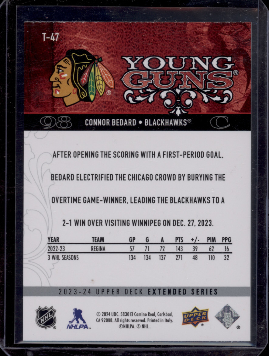 2023-24 Extended Series Connor Bedard Young Guns Retro Rookie #T-47 RC view 2