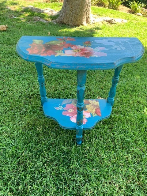 Vintage Wood Floral Teal Blue Half Moon Side Table - Image 3 of 4