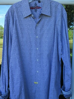 Robert Graham Men Cotton Blue White Striped Textured Paisley Casual Shirt XL EUC