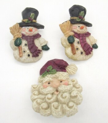 3 Christmas Resin Lapel Pins Curly Beard Santa Two Snowmen w/Brooms & Top Hats