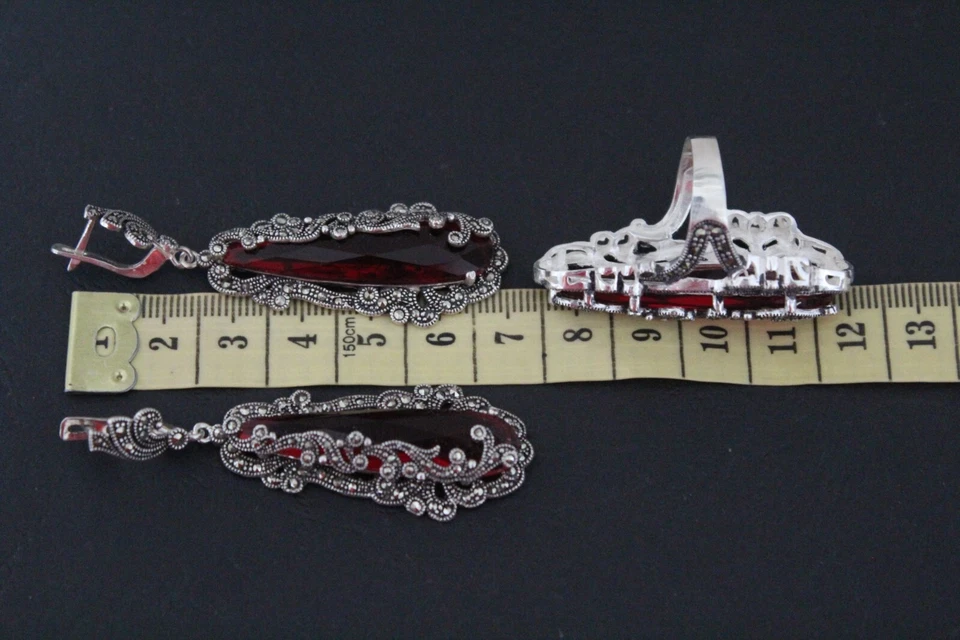 Armenian Spirit Set very long earrings ring red silver 925 marcasite Armenian - Image 3 of 4