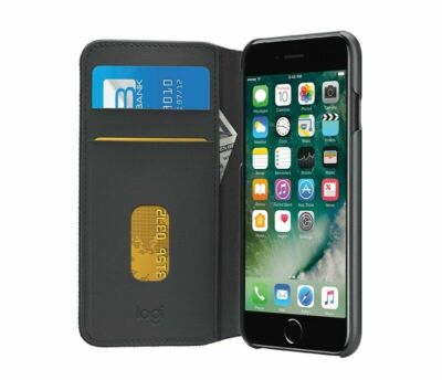 iPhone 7 Plus 8 Plus Wallet Case Schwarz - Kartenfach Flip Cover Ständer - Logitech